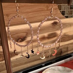 Gold and Black Moon and Star Hoop Earrings. Gold and Cream Crystals.